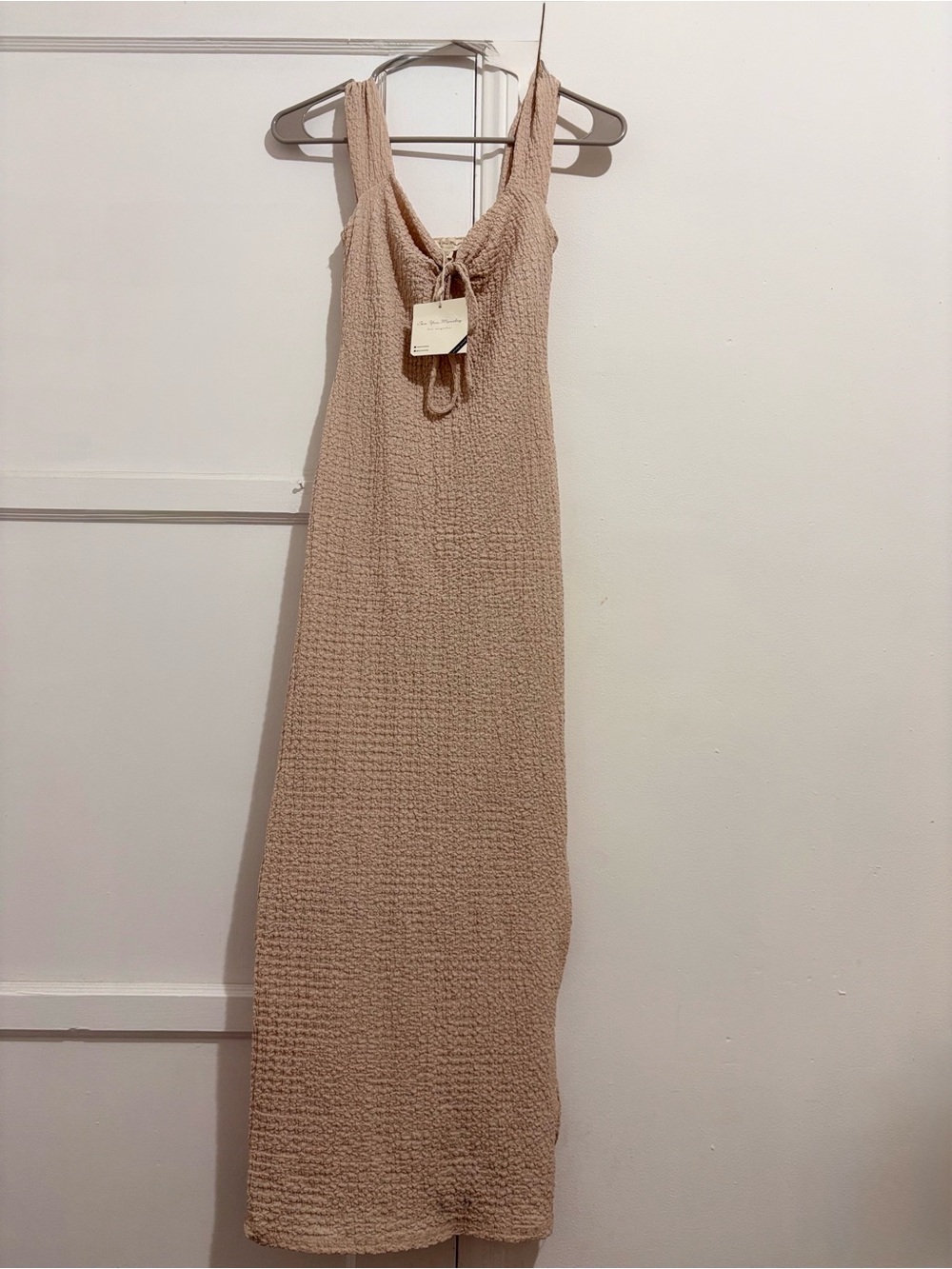 See You Monday Beige Tie-Front Textured Maxi Dress